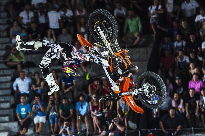 Levi Sherwood of New Zealand performs during the finals of the third stop of the Red Bull X-Fighters World Tour at the Plaza de Toros de Las Ventas, in Madrid, Spain on July 10, 2015.